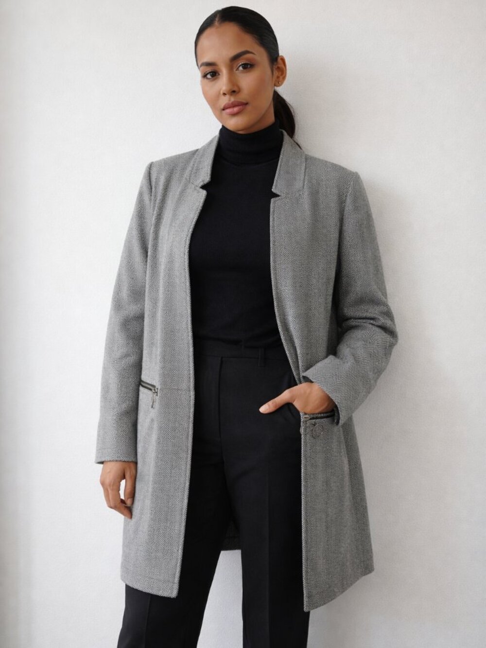 Zolucky XL Grey Herringbone Longline Open Front Coat Zip Pockets Black Lining